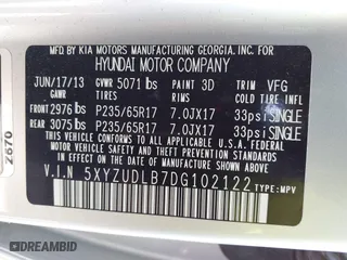 2013 Hyundai Santa Fe Sport with VIN 5XYZUDLB7DG102122, listed as a IAAI auction lot 41880263 with 236,362 mi miles. Bid and sale history available at carsss.com. Image 9.