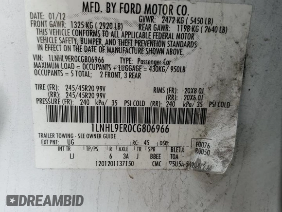 2012 Lincoln MKS with VIN 1LNHL9ER0CG806966, listed as a Copart auction lot 76887514 with Not Provided miles and Salvage Title. Bid and sale history available at DreamBid. Image 14.