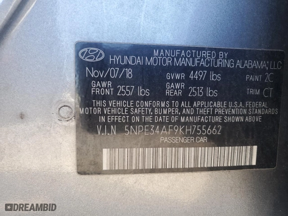 2019 Hyundai Sonata Sport with VIN 5NPE34AF9KH755662, listed as a Copart auction lot 48033335 with 0 mi miles and Salvage Title. Bid and sale history available at carsss.com. Image 13.