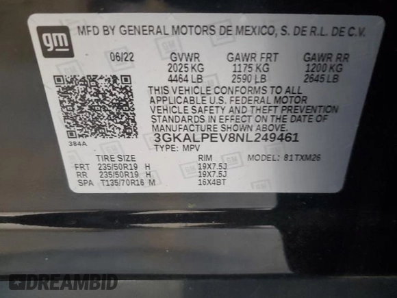 2022 GMC Terrain SLT with VIN 3GKALPEV8NL249461, listed as a Copart auction lot 58005375 with 26,754 mi miles and Salvage title. Bid and sale history available at DreamBid. Image 13.