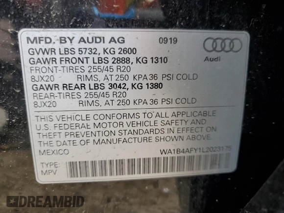 2020 Audi SQ5 Premium Plus with VIN WA1B4AFY1L2023175, listed as a Copart auction lot 59891245 with Not provided miles and Salvage title. Bid and sale history available at DreamBid. Image 13.