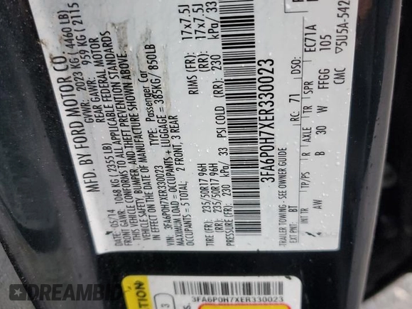 2014 Ford Fusion SE with VIN 3FA6P0H7XER330023, listed as a Copart auction lot 48658285 with 225,660 mi miles and Salvage Title. Bid and sale history available at DreamBid. Image 12.