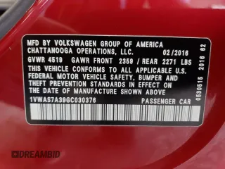 2016 Volkswagen Passat S with VIN 1VWAS7A39GC030376, listed as a Copart auction lot 63639835 with 67,864 mi miles and Salvage title. Bid and sale history available at DreamBid. Image 12.