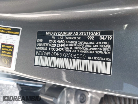 2019 Mercedes-Benz C 300 with VIN WDDWF8DB9KR506000, listed as a IAAI auction lot 41938881 with 101,922 mi miles and . Bid and sale history available at DreamBid. Image 9.