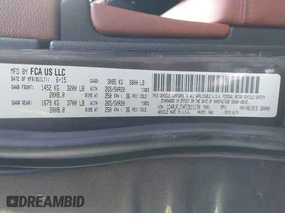 2015 Jeep Grand Cherokee Summit with VIN 1C4RJFJTXFC911170, listed as a IAAI auction lot 41523164 with 74,133 mi miles. Bid and sale history available at carsss.com. Image 9.
