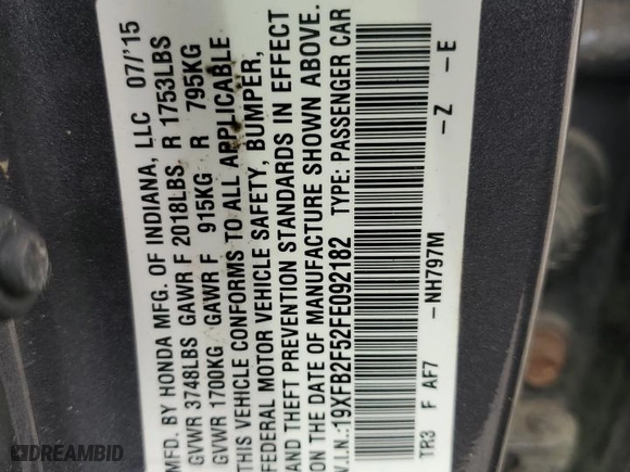 2015 Honda Civic Sedan LX with VIN 19XFB2F52FE092182, listed as a Copart auction lot 51403385 with 0 mi miles and Salvage Title. Bid and sale history available at carsss.com. Image 13.