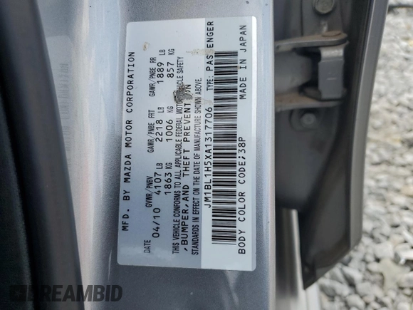 2010 Mazda 3 S Sport with VIN JM1BL1H5XA1317706, listed as a Copart auction lot 63830195 with 141,107 mi miles and Salvage title. Bid and sale history available at DreamBid. Image 13.