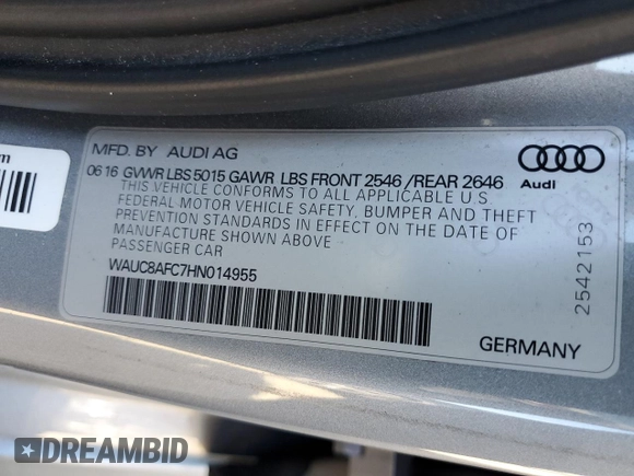 2017 Audi A6 Premium with VIN WAUC8AFC7HN014955, listed as a Copart auction lot 46093033 with 49,981 mi miles. Bid and sale history available at carsss.com. Image 13.