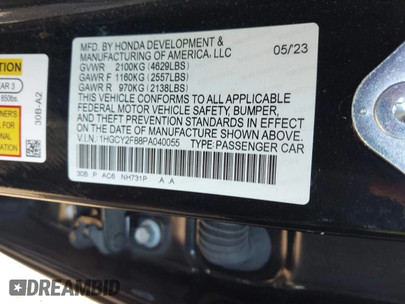 2023 Honda Accord Touring with VIN 1HGCY2F88PA040055, listed as a IAAI auction lot 42092946 with 32,930 mi miles and . Bid and sale history available at DreamBid. Image 9.