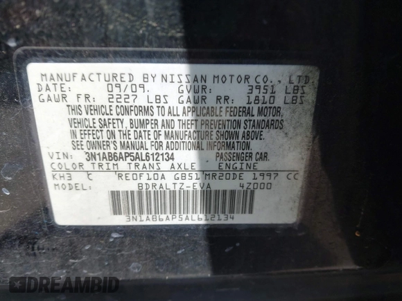 2010 Nissan Sentra 2.0 with VIN 3N1AB6AP5AL612134, listed as a IAAI auction lot 42562064 with 183,598 mi miles and . Bid and sale history available at DreamBid. Image 9.