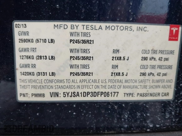 2013 Tesla Model S Performance с VIN 5YJSA1DP3DFP06177, выставлен на аукционе IAAI как лот 42675354 с пробегом 95 143 миль миль и . История ставок и продаж доступна на DreamBid. Изображение 9.