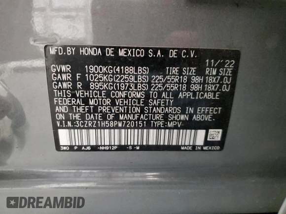 2023 Honda HR-V Sport with VIN 3CZRZ1H58PM720151, listed as a Copart auction lot 45986545 with 35,771 mi miles and Salvage Title. Bid and sale history available at carsss.com. Image 15.