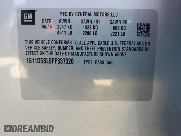 2015 Chevrolet Malibu LT with VIN 1G11D5SL9FF337326, listed as a Copart auction lot 56448535 with 178,804 mi miles and Salvage Title. Bid and sale history available at DreamBid. Image 12.