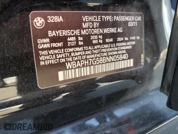 2011 BMW 3 Series 328i with VIN WBAPH7G58BNN05840, listed as a Copart auction lot 57137225 with 177,359 mi miles and Non repairable. Bid and sale history available at DreamBid. Image 14.