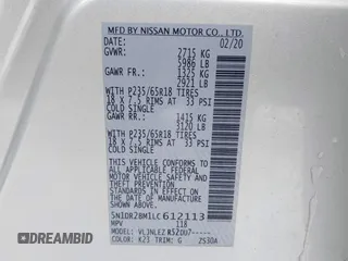 2020 Nissan Pathfinder SV with VIN 5N1DR2BM1LC612113, listed as a IAAI auction lot 41187236 with 94,446 mi miles. Bid and sale history available at carsss.com. Image 9.