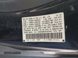 2005 Honda CR-V LX with VIN SHSRD68525U303247, listed as a IAAI auction lot 42146356 with 170,093 mi miles and . Bid and sale history available at DreamBid. Image 9.