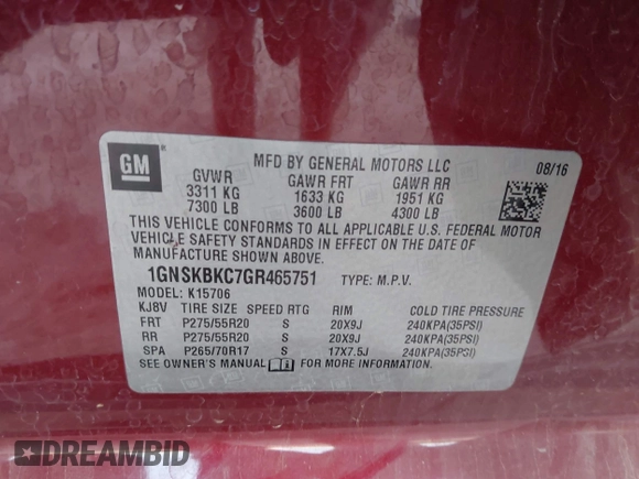 2016 Chevrolet Tahoe LT with VIN 1GNSKBKC7GR465751, listed as a IAAI auction lot 41983178 with 101,428 mi miles and . Bid and sale history available at DreamBid. Image 9.