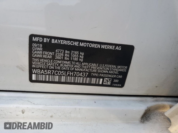 2020 BMW 3 Series 330i xDrive with VIN WBA5R7C05LFH70437, listed as a Copart auction lot 47979785 with 70,224 mi miles and Salvage Title. Bid and sale history available at DreamBid. Image 13.