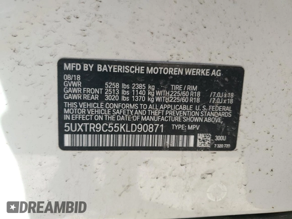 2019 BMW X3 xDrive30i with VIN 5UXTR9C55KLD90871, listed as a Copart auction lot 52802225 with 114,232 mi miles and Salvage Title. Bid and sale history available at DreamBid. Image 14.
