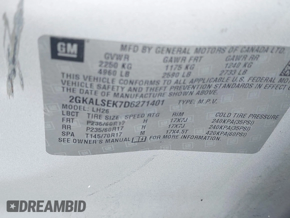 2013 GMC Terrain SLE with VIN 2GKALSEK7D6271401, listed as a IAAI auction lot 42099831 with 197,553 mi miles and . Bid and sale history available at DreamBid. Image 9.