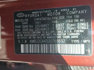 2018 Hyundai Tucson SE z VIN KM8J2CA43JU768692, wystawiony jako Copart lot #50586955 z przebiegiem 46 703 mil mil oraz Szkody całkowita. Historia ofert i sprzedaży dostępna na DreamBid. Obrazek 16.
