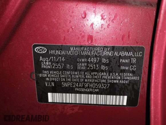 2015 Hyundai Sonata 2.4L SE with VIN 5NPE24AF9FH059327, listed as a IAAI auction lot 41416006 with 127,433 mi miles. Bid and sale history available at carsss.com. Image 9.