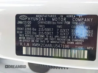 2020 Hyundai Kona SEL with VIN KM8K2CAA8LU547196, listed as a IAAI auction lot 41857809 with 38,385 mi miles and . Bid and sale history available at DreamBid. Image 9.