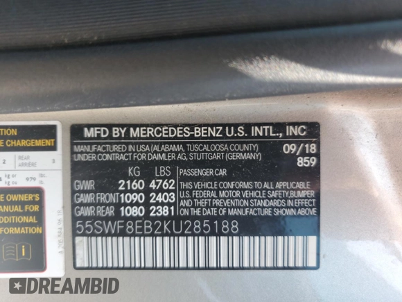 2019 Mercedes-Benz C 300 with VIN 55SWF8EB2KU285188, listed as a Copart auction lot 59468995 with Not provided miles and Non repairable. Bid and sale history available at DreamBid. Image 12.