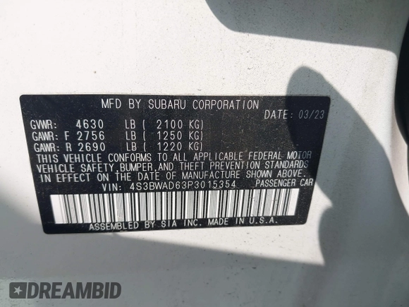 2023 Subaru Legacy Premium z VIN 4S3BWAD63P3015354, wystawiony jako IAAI lot #42469426 z przebiegiem 33 468 mil mil oraz . Historia ofert i sprzedaży dostępna na DreamBid. Obrazek 9.