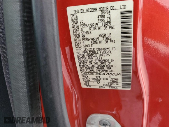 2004 Nissan Frontier XE z VIN 1N6DD26T94C470094, wystawiony jako Copart lot #44387355 z przebiegiem 216 052 mil mil oraz Szkoda całkowita • Salvage title. Historia ofert i sprzedaży dostępna na DreamBid. Obrazek 12.