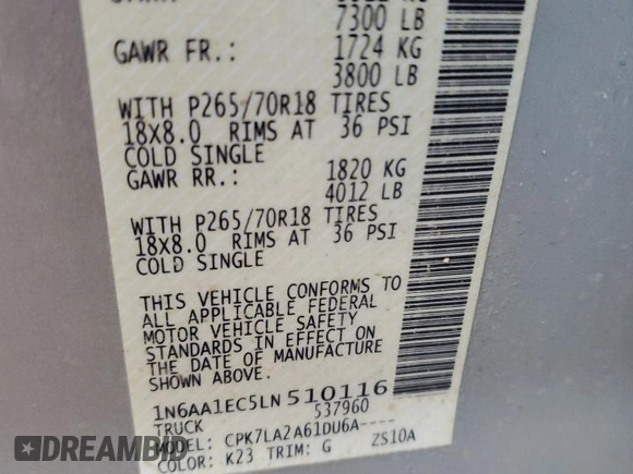 2020 Nissan Titan S with VIN 1N6AA1EC5LN510116, listed as a Copart auction lot 49170515 with 55,362 mi miles and Salvage title. Bid and sale history available at DreamBid. Image 12.
