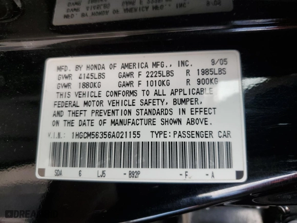 2006 Honda Accord Sdn LX SE with VIN 1HGCM56356A021155, listed as a Copart auction lot 73628364 with 187,736 mi miles and Non Repairable. Bid and sale history available at carsss.com. Image 14.