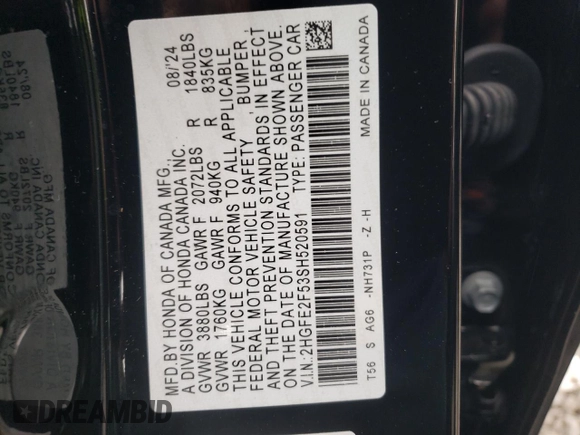 2025 Honda Civic Sport with VIN 2HGFE2F53SH520591, listed as a Copart auction lot 86313234 with 3,150 mi miles and Salvage title. Bid and sale history available at DreamBid. Image 12.
