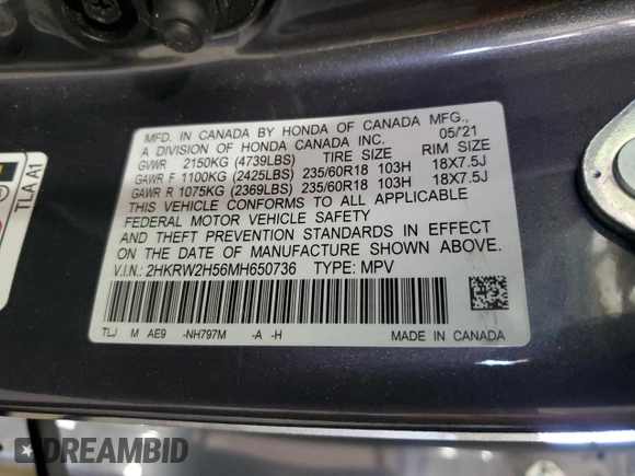 2021 Honda CR-V EX with VIN 2HKRW2H56MH650736, listed as a Copart auction lot 46048575 with 72,134 mi miles and Salvage Title. Bid and sale history available at carsss.com. Image 15.