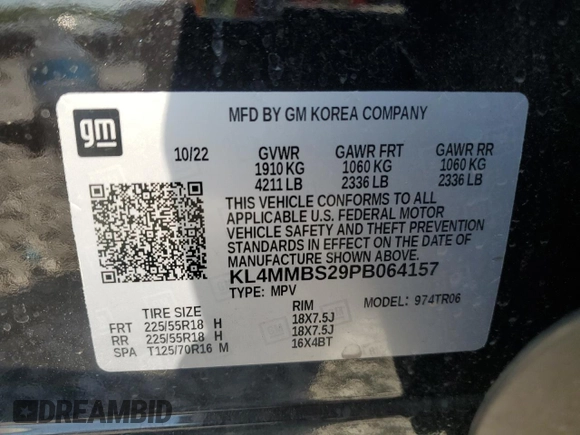 2023 Buick Encore GX Preferred with VIN KL4MMBS29PB064157, listed as a Copart auction lot 53394265 with 72,453 mi miles and Salvage title. Bid and sale history available at DreamBid. Image 14.