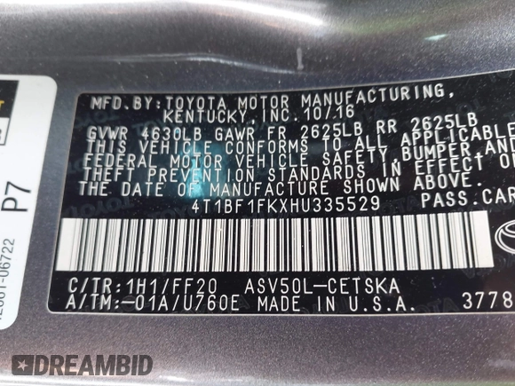 2017 Toyota Camry XLE with VIN 4T1BF1FKXHU335529, listed as a IAAI auction lot 42246459 with 249,365 mi miles and . Bid and sale history available at DreamBid. Image 9.
