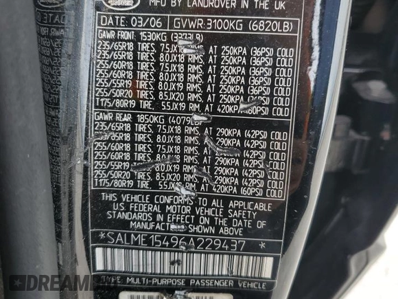 2006 Land Rover Range Rover HSE with VIN SALME15496A229437, listed as a Copart auction lot 59334365 with 94,010 mi miles and Clean title. Bid and sale history available at DreamBid. Image 13.
