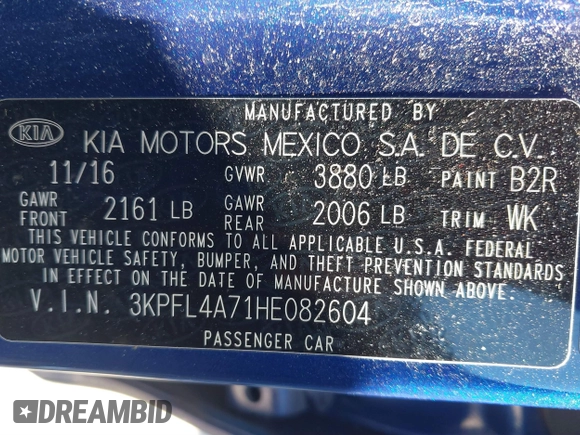 2017 Kia Forte S with VIN 3KPFL4A71HE082604, listed as a IAAI auction lot 41657227 with 78,927 mi miles and . Bid and sale history available at DreamBid. Image 9.