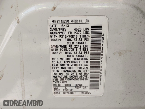2013 Nissan Rogue SL with VIN JN8AS5MVXDW650950, listed as a IAAI auction lot 42127217 with 144,522 mi miles and . Bid and sale history available at DreamBid. Image 9.