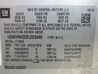 2015 Chevrolet Traverse LT z VIN 1GNKVHKD3FJ350449, wystawiony jako Copart lot #54677065 z przebiegiem 155 128 mil mil oraz Czysty tytuł • Clean title. Historia ofert i sprzedaży dostępna na DreamBid. Obrazek 14.