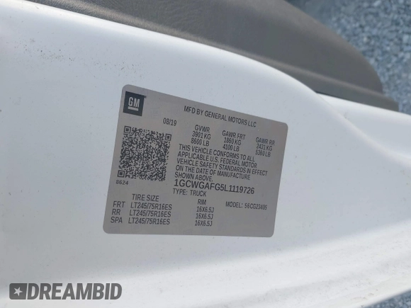 2020 Chevrolet Express Cargo with VIN 1GCWGAFG5L1119726, listed as a IAAI auction lot 42648575 with 127,516 mi miles and . Bid and sale history available at DreamBid. Image 9.