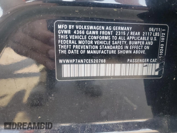 2012 Volkswagen CC Lux Plus z VIN WVWHP7AN7CE520768, wystawiony jako Copart lot #59144685 z przebiegiem 101 008 mil mil oraz Czysty tytuł • Clean title. Historia ofert i sprzedaży dostępna na DreamBid. Obrazek 12.