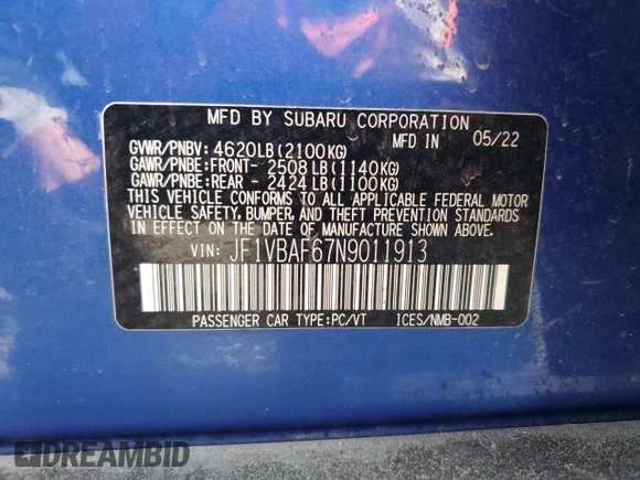 2022 Subaru WRX Premium with VIN JF1VBAF67N9011913, listed as a Copart auction lot 52700965 with Not Provided miles and Salvage Title. Bid and sale history available at carsss.com. Image 13.