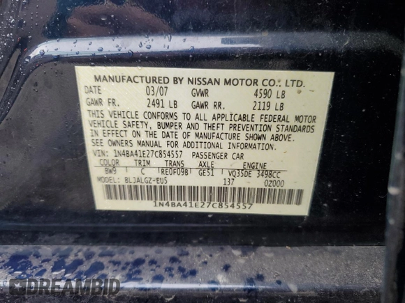2007 Nissan Maxima 3.5 SE with VIN 1N4BA41E27C854557, listed as a Copart auction lot 76029554 with 106,727 mi miles and Salvage Title. Bid and sale history available at carsss.com. Image 12.