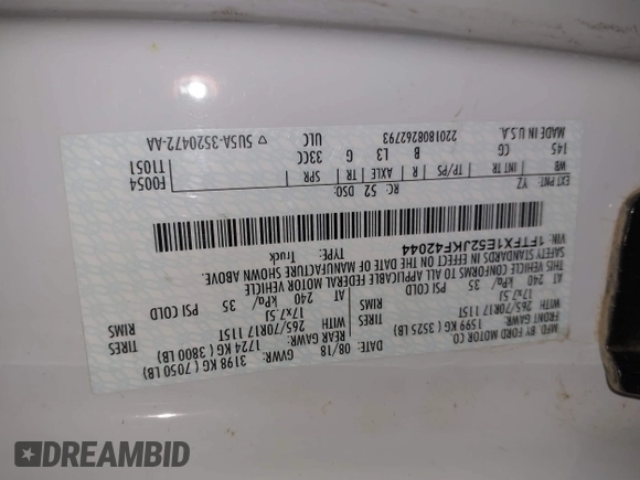2018 Ford F-150 XL with VIN 1FTFX1E52JKF42044, listed as a IAAI auction lot 41808828 with 1,316,140 mi miles and . Bid and sale history available at DreamBid. Image 9.