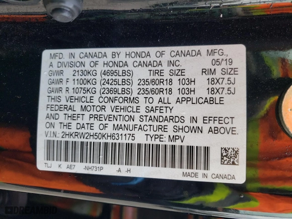 2019 Honda CR-V EX with VIN 2HKRW2H50KH631175, listed as a Copart auction lot 49629105 with 94,999 mi miles and Salvage Title. Bid and sale history available at carsss.com. Image 13.