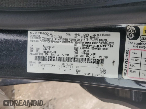 2015 Ford Fiesta SE with VIN 3FADP4BJ4FM191699, listed as a Copart auction lot 44697335 with 156,732 mi miles and Salvage Title. Bid and sale history available at DreamBid. Image 15.