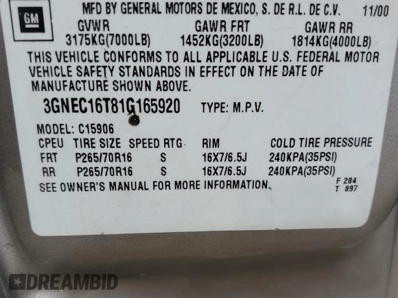 2001 Chevrolet Suburban LT with VIN 3GNEC16T81G165920, listed as a Copart auction lot 74528454 with 275,334 mi miles and Salvage Title. Bid and sale history available at carsss.com. Image 15.