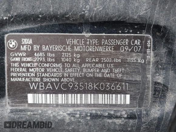 2008 BMW 3 Series 328xi with VIN WBAVC93518K036611, listed as a IAAI auction lot 41458902 with 162,425 mi miles and . Bid and sale history available at DreamBid. Image 9.