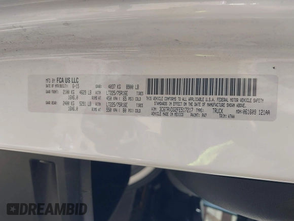 2015 Ram ProMaster Cargo with VIN 3C6TRVDG2FE517217, listed as a IAAI auction lot 41369860 with 87,222 mi miles and . Bid and sale history available at carsss.com. Image 9.